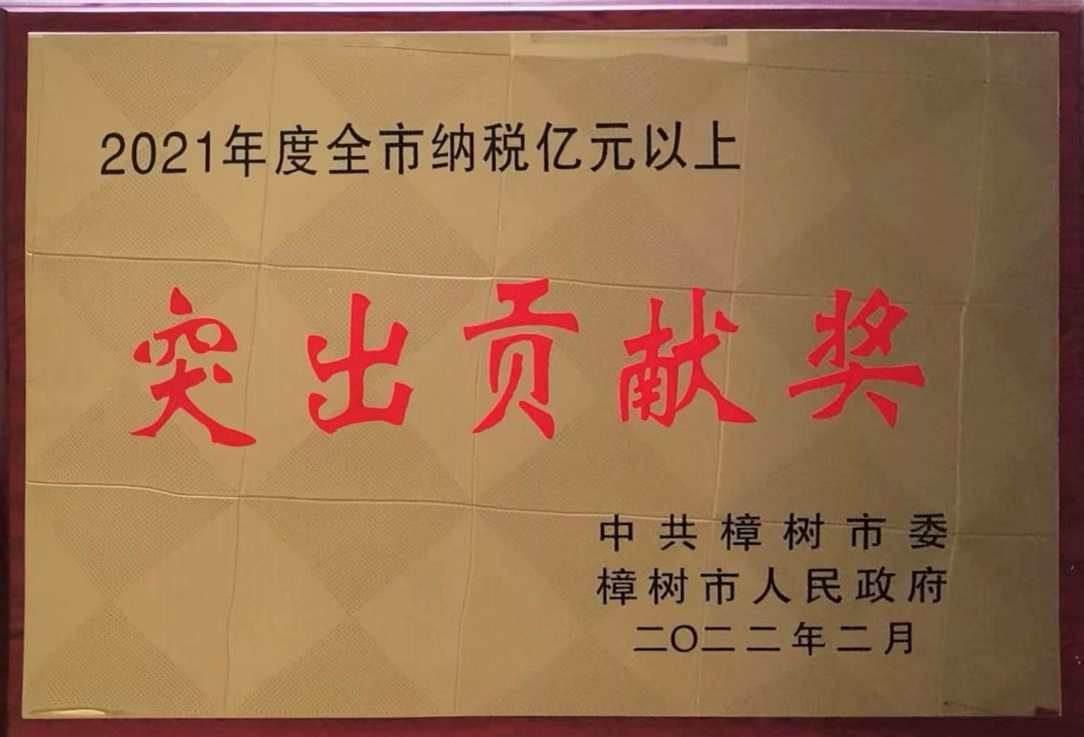 2021年度全市纳税亿元以上 突出贡献奖